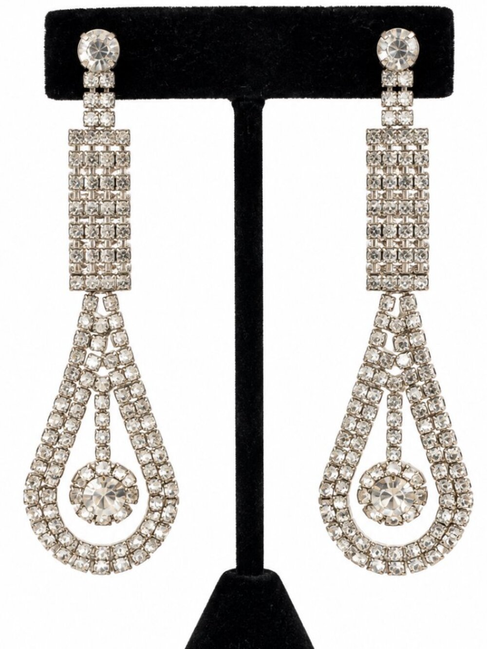 Silver Tone Rhinestone Art Deco Teardrop Dangle Statement Earrings